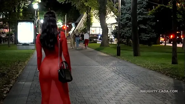XXX Red transparent dress in public mine videoer